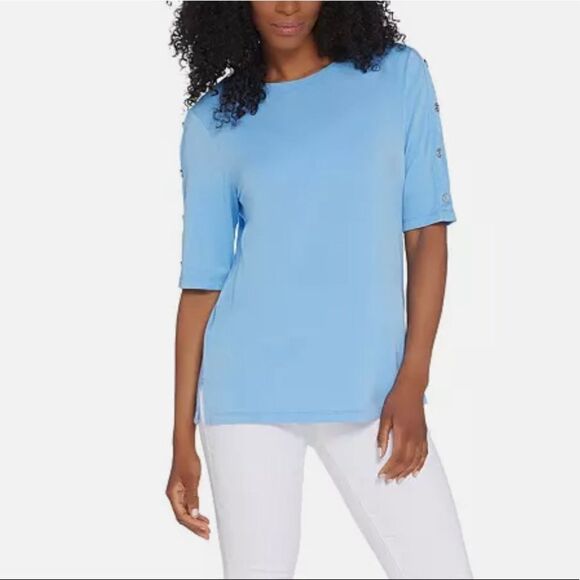 Martha Stewart Knit Boatneck Button Elbow-Sleeve Top - Picture 1 of 6